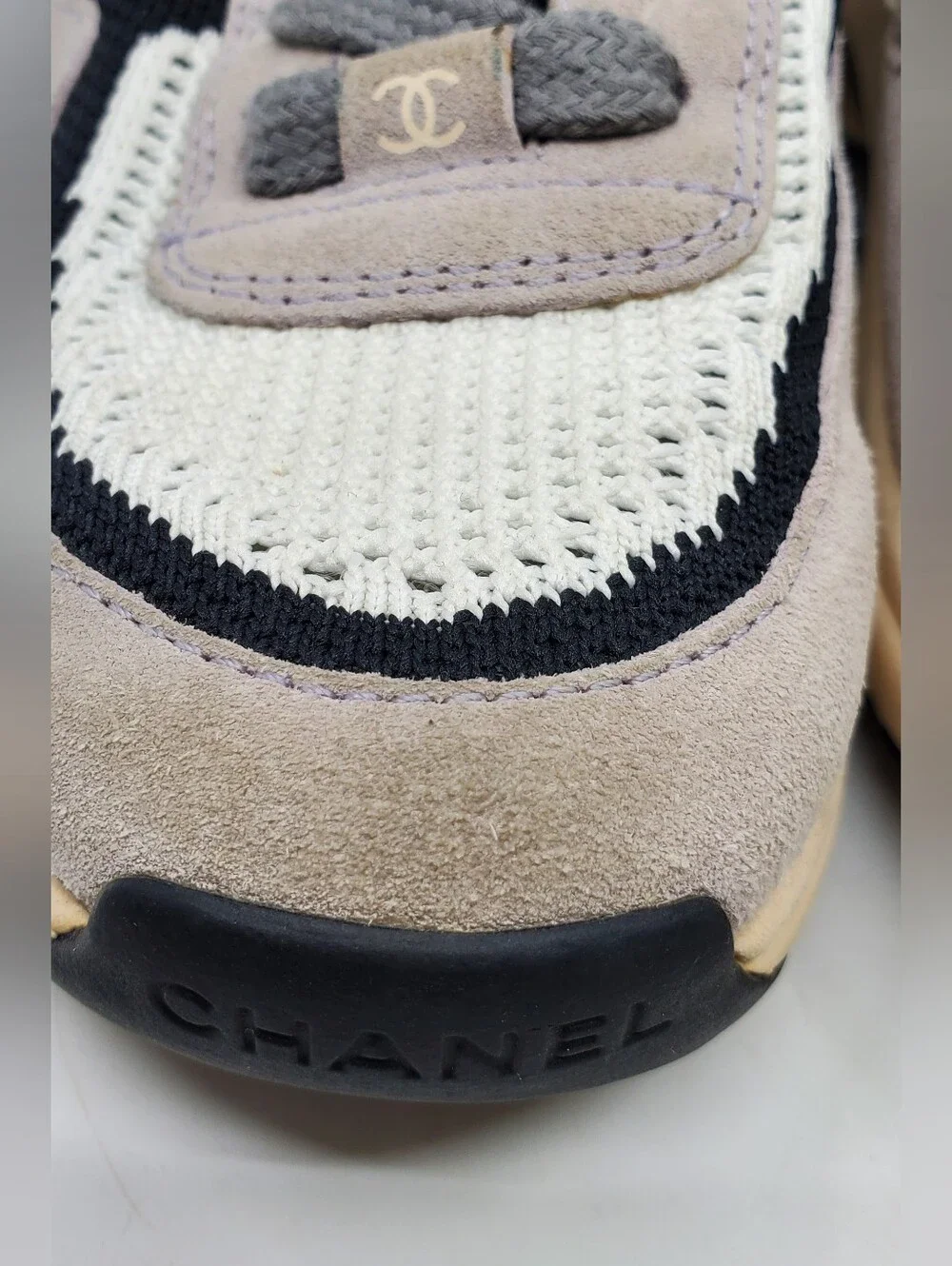 Chanel CC Low Top Suede And Knit Mesh Sneakers